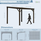 Domi 8’x10’ Wall-Mounted Hardtop Gazebo Pergola – Permanent Lean-to Outdoor Shelter with Sloped Galvanized Steel Roof & Upgraded Drainage – Grey Metal Patio Cover for Backyard, Deck, Garden,Brown