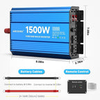 1500 Watt Pure Sine Wave Power Inverter, 12 Vdc to 110 Vdc to 120 Vdc, for Home, RV and Off-Grid Solar Systems, with 2 AC Outlets and USB Port, LCD Display, with Remote Control