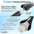 SPECILITE 5/8" Hot/Cold Garden Hose 75 ft with Industrial High Pressure Nozzle, Flexible & Lightweight, 600psi Burst Rubber Water hose -50℉-158℉ With 3/4"Stainless Steel Fittings for Yard, Black