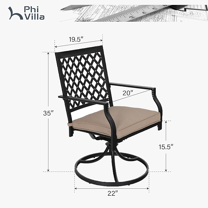 PHI VIALLA Patio Outdoor Swivel Dining Chairs Outdoor Furniture Chairs Set of 6 with Cushion Suports 300lbs for Lawn Garden Backyard Weather Resistant-Black Frame