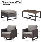 Wicker Furniture Set: 7 Piece Outdoor Furniture Set with 2 Swivel Chairs, 2 Single Chairs, Coffee Table and 2 Ottomans - Brown / Grey