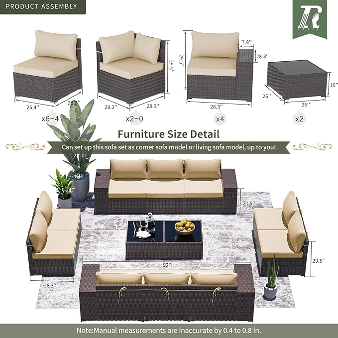 16 Pieces Outdoor Patio Furniture Set Patio Furniture Outdoor Sectional Sofa Conversation Set w/ETL Approved 45" Gas Outdoor Fire Table & Coffee Table, Swivel Rocking Chair Brown