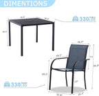 5 Pieces Round Dining Table Set for 4, Patio Dining Set Includes 4 Dark Blue Stackable Patio Chairs and 1 Black Square Table, Patio Furniture Sets with Sling Support for Outside, Garden