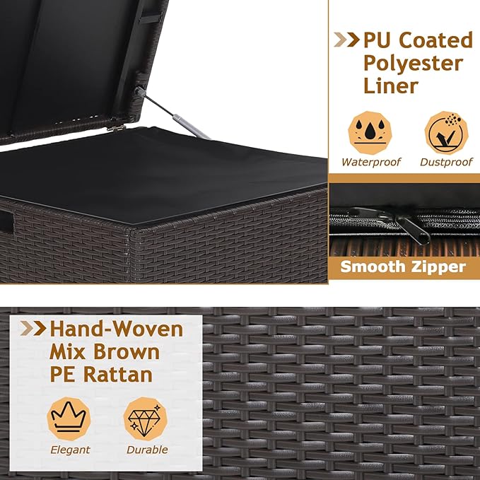 Tangkula 72 Gallon Square Deck Box, Patio Mix Brown Rattan Storage Container w/Zippered Liner & Solid Pneumatic Rod, Sturdy L-Shaped Aluminum Feet, Outdoor Wicker Deck Box for Front Porch, Backyard