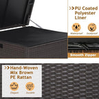 Tangkula 72 Gallon Square Deck Box, Patio Mix Brown Rattan Storage Container w/Zippered Liner & Solid Pneumatic Rod, Sturdy L-Shaped Aluminum Feet, Outdoor Wicker Deck Box for Front Porch, Backyard