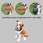 English Bulldog Outdoor Dog Statue with Flip-Over “Welcome/ON Patrol” Plaque and Solar Path Lantern, Brown & White Sitting Puppy for Porch & Lawn