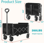 Wagons Carts Foldable, 260 Lbs with Adjustable Handle, Black Lightweight Portable, Collapsible Wagon for Camping, Shopping, Sports, Travel, Garage and Gardening Storage with Drink Holders