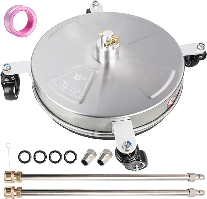 Hourleey 16" Pressure Washer Surface Cleaner, Stainless Steel Surface Cleaner with 4 Wheels for Concrete, Patio, Sidewalk, Deck, Pathway 1/4" Quick Connector, 2 Extension Wand, 4000 PSI