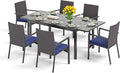 PHI VILLA 7 Piece Outdoor Expandable Dining Table Set for 6, Extendable Rectangular Metal Steel Table and Cushioned Rattan Chairs for Patio, Deck, Yard