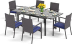 PHI VILLA 7 Piece Outdoor Expandable Dining Table Set for 6, Extendable Rectangular Metal Steel Table and Cushioned Rattan Chairs for Patio, Deck, Yard
