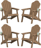LUE BONA HDPE Adirondack Chairs Set of 4,Plastic Adirondack Chairs with Cup Holder Weather Resistant for Outdoor, Patio, Lawn, Garden, Backyard Deck, Fire Pit, Brown