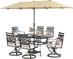 Sophia & William Swivel Patio Dining Set for 6 | 13ft Patio Umbrella Beige | Removable Seat Cushions | Black 59" Patio Dining Table