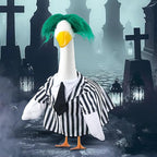 Halloween Porch Goose Outfits Black and White Striped Suit and Wig Movie Clothes for 23 Inch Cement Goose Halloween Costume Outdoor Yard Lawn Garden Patio Decor