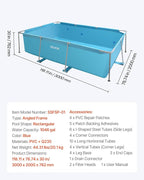 VEVOR Frame Above Ground Swimming Pool, 118 x 78 x 30 in Rectangular Steel Metal Frame, Large Rectangle Outdoor Backyard Family Pool, Easy to Assemble Rust-Resistant, 1046 Gallon Water Capacity, Blue