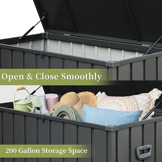 200 Gallon Outdoor Deck Box Lockable Metal Indoor Outdoor Storage Container with Side Handle, Waterproof Storage Box with Rolling Castors for Patio Garden Tools, Pools Equipment, Cushions, Gray