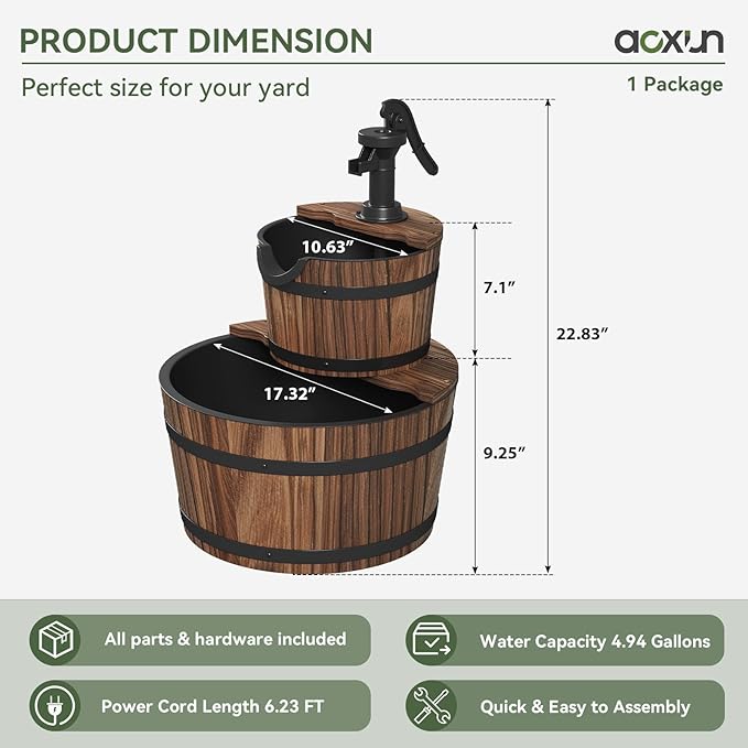 Aoxun 2-Tier Outdoor Water Fountain, Wood Barrel Cascading with Electric Decorative Hand Pump, Rustic Waterfall Fountain for Garden, Backyard, Patio, Porch, Yard