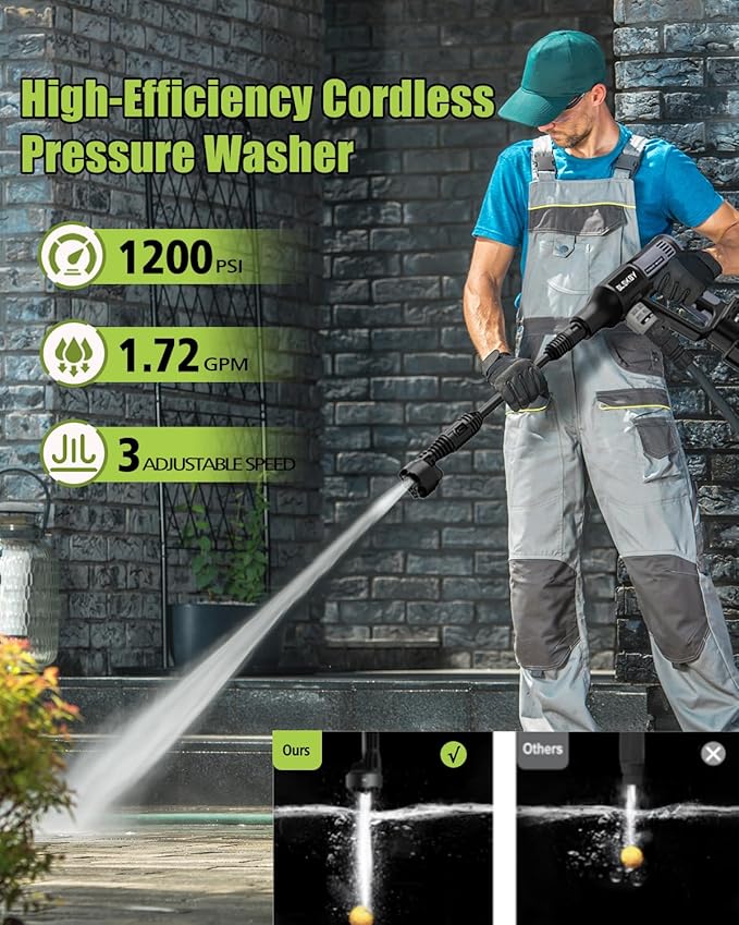 Portable Cordless Pressure Washer with Faucet Adapter - 2 Pack Batteries 1200PSI Cordless Power Washer Battery Operated with 6-in-1 Nozzle, Adjustable Foam Cannon LCD Touch Screen for Car Garden