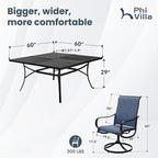 PHI VILLA 9 Piece Outdoor Patio Dining Set, Large Square Metal Dining Table and 8 Outdoor Swivel Dining Chairs, Patio Table and Blue Chair Furniture Dining Set for 8 Person