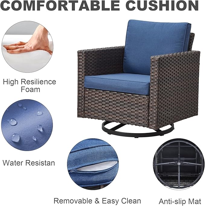 Wicker Patio Furniture Set：7 Piece Outdoor Patio Furniture Set with 2 Swivel Patio Chairs 2 Single Chairs a Coffee Table and 2 Ottomans, Brown Wicker/Blue Cushion