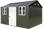 VanAcc 12x10.3x8.1 FT Galvanized Steel Outdoor Storage Shed with a Lockable Hinged Door and 2 Windows, Metal shed for Garden, Backyard, Dark Grey/White