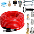 Sewer Jetter Kit for Pressure Washer 50FT, 5800PSI Drain Cleaner Hose 1/4 Inch NPT Corner with 5 Sewer Jetting Nozzles，Waterproof Tape，Pearl Corsage Pin & 2 Spanners (Red)