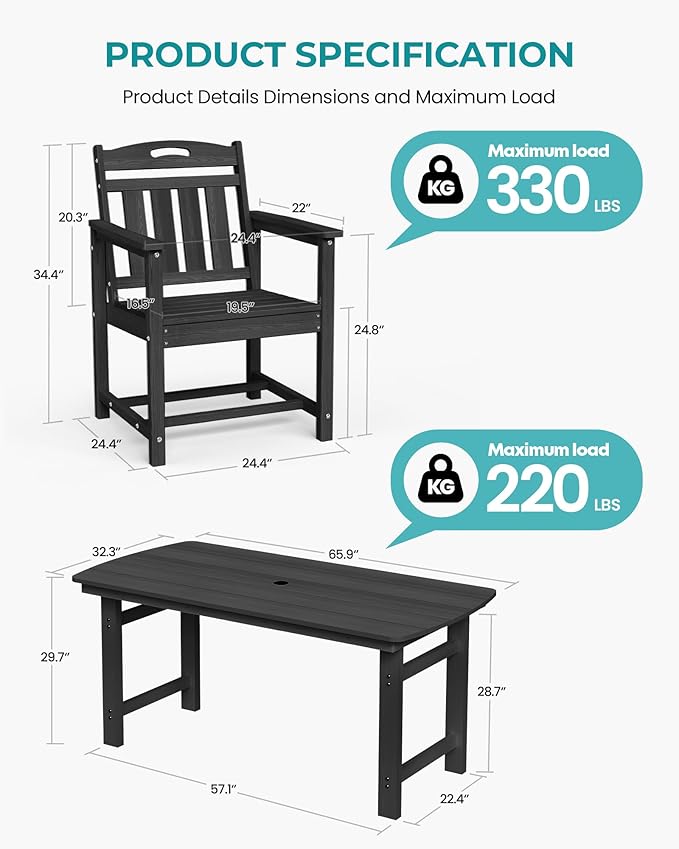 HDPE Outdoor Patio Dining Set with Table & 6 Chairs, All-Weather 7-Piece Outdoor Table and Chairs, 2" Umbrella Hole, Patio Furniture for Garden, Backyard, Deck | Matte Black