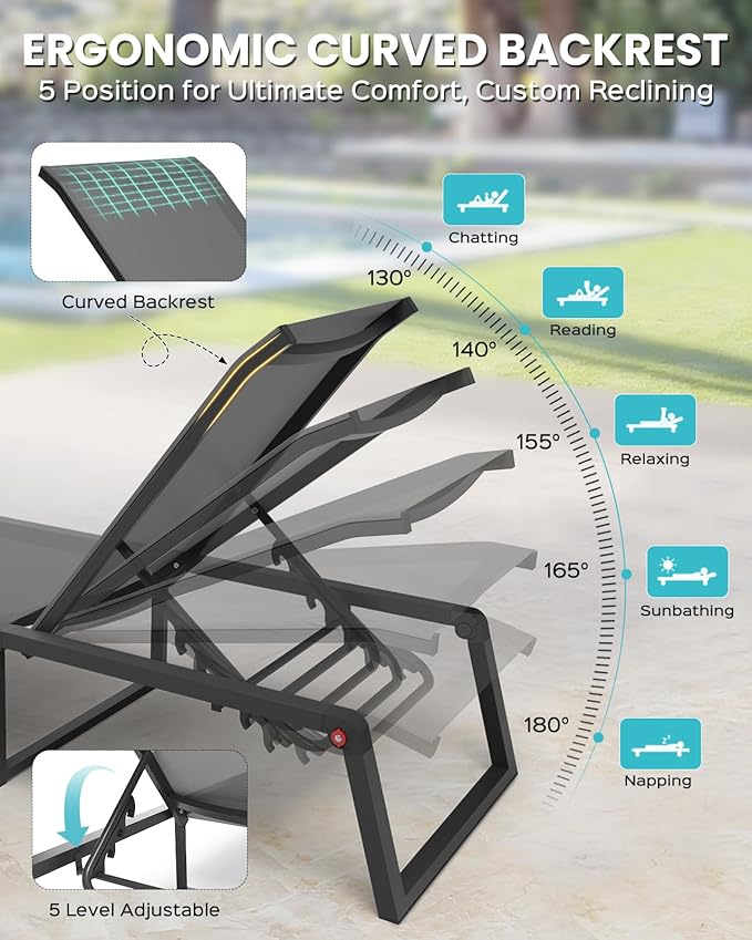 Aluminum Chaise Lounge Chair Outdoor, Foldable & Assembly Free Patio Pool Lounge Chairs 5-Position Recliner for Outside Poolside, Fully Grounded Legs Sun Lounger for Beach, Yard, Dark Gray