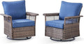 Outdoor Swivel Glider Chairs Set of 2 - Hollow Widen Armrests Wicker Patio Furniture Set, Comfortable High Back Outside Swivel Rocker for Balcony Porch Deck and Yard - Brown/Blue
