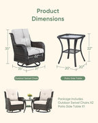 HUMMUH 3-Piece Swivel Rocking Rattan Chair Outdoor, Patio Bistro Furniture Conversation Set, Cushioned Wicker Chair with Glass Coffee Table (Brown, Beige)