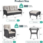 6 Piece Patio Furniture Set - Wicker Patio Conversation Set with Swivel Glider, 3-Seater Sofa, Tempered Glass Side Table and 2 Ottomans for Deck Backyard - Black Wicker Beige Cushion
