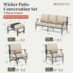Patio Furniture Set 7 pcs, Outdoor Patio Furniture, 3-Seat Sofa, 2 Single Chairs, 2 Rocking Chairs, 2 Ottomans and 5.75" Extra Thick Cushion, Patio Conversation Set for Backyard Deck,Beige