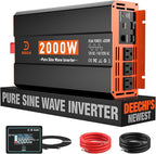 2000 Watt Pure Sine Wave Inverter 12V DC to 110V/120V AC Converter for RV/Truck/Home/Off-Grid Solar Car Power Inverter for Vehicles with 3 AC, 2 USB & 1 Type-C Ports, Remote Controller Cable Included