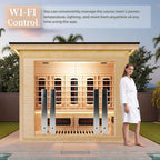 4-Person Far Infrared & Steam Dual-System Sauna Room, Outdoor Canadian Hemlock Wood Sauna, WiFi Control, Red Light Therapy, 14 Heaters& Electric Stove, Left Door, 220-240V