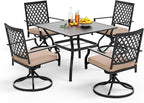 PHI VILLA 5-Piece Outdoor Dining Set, 4 Steel Metal Swivel Patio Chairs & 1 Square Dining Table, Black
