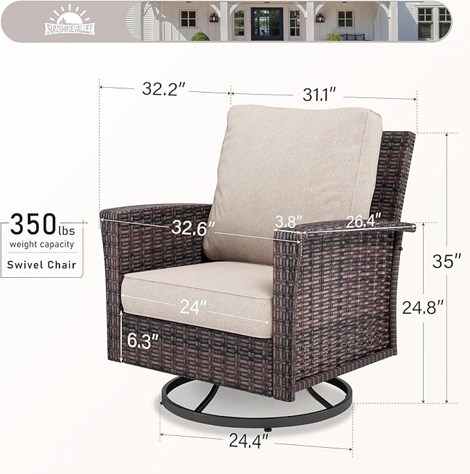 Patio Wicker Swivel Chairs Set of 2, Outdoor High Back Chairs with 5.5" Waterproof Cushions, Outdoor Furniture Set for Deck Porch and Yard, Peacock Blue