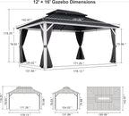 PURPLE LEAF 12' X 16' Hardtop Gazebo, White Aluminum Frame Gazebo with Double Roof, Curtain and Netting for Patio, Garden and Backyard