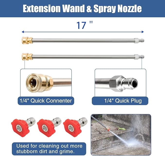 JANZ 18" Pressure Washer Surface Cleaner with 4 Wheels,1/4" Quick Plug,Stainless Steel Housing,2 Extension Wand Attachments, 3 Spray Nozzles and 2 Replacement Nozzles, 4000 PSI