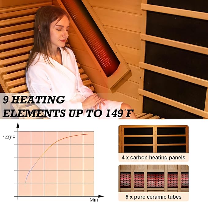 Infrared 2 Person Sauna with Recliner, Red Cedar Luxury Indoor Home Spa with 9 Heating Panels, 3400W, Oxygen Bar, Control Panel, Bluetooth Speaker, Full Spectrum Wood Dry Heat Sauna, 220V