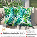 Magpie Fabrics Patio Pillow Covers ONLY 18"x18", Set of 2, Fade-Resistant Outdoor Indoor Decorative Throw Pillowcase Shell for Couch Garden Furniture - Green Palm Leaves