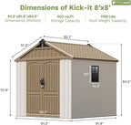 Patiowell 8 x 8 FT Plastic Outdoor Storage Shed with Floor, Resin Shed with Window and Lockable Door for Garden, Backyard, Tool Storage Use, Easy to Install in Brown (Kick-it Shed)