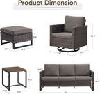 Wicker Patio Furniture Set, 6 PCS Outdoor Patio Furniture Set with Swivel Chairs, Includes 2 Swivel Patio Chairs, 1 Outdoor Couch, 1Side Table and 2 Ottoman, Brown/Grey