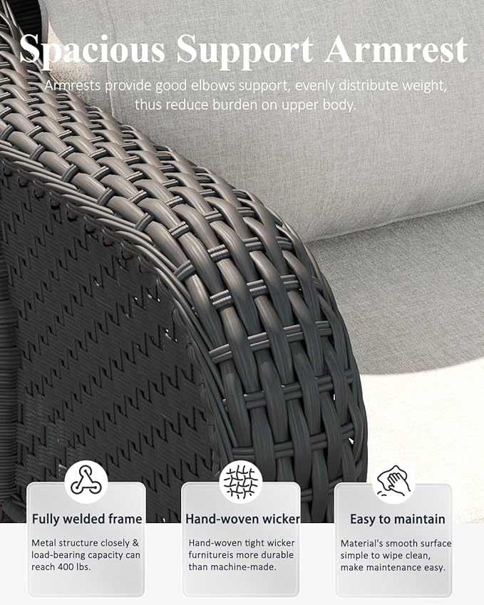 LayinSun 5 Piece Wicker Outdoor Furniture Set with 6-inch Comfy Cushions, High Back Patio Furniture Set with Swivel Rocking Chairs and Fire Pit Table