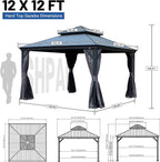 Outdoor Hardtop Gazebo for Patio 12x12FT with Resin-Galvanized Steel Roof, Metal Hard Top Gazebo with Gutters, Heavy Duty Gazebos All Season with Curtains & Netting, for Deck, Backyard, Hot Tub