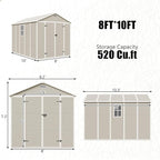 Outdoor Shed 5x3/6x4/7x7/8x6/8x10/8x12 FT, 15MM Thick PP Resin Plastic Shed with Lockable Door & Floor - Waterproof Plastic Tool Shed for Bike, Garbage Can, Backyard, Patio ﻿ ﻿ (Light Brown, 8x10FT)