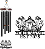 Personalized Customize Name Fantasy Mushroom Wonderland Wind Chime, Metal Iron 37 Inch Outdoor Memorial Gift for Garden Yard Patio Home Decor, Black (Style A)