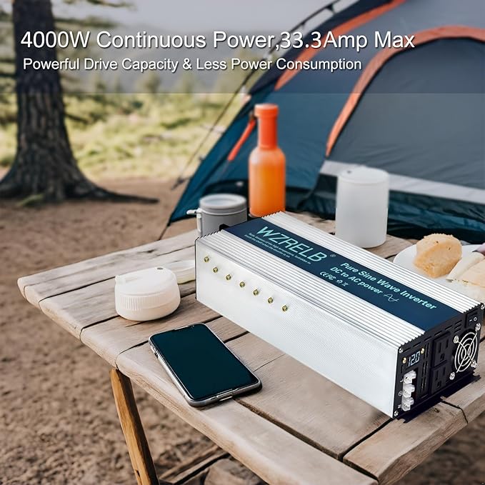 WZRELB 4000W Pure Sine Wave Inverter, Car Power Inverter 48V DC to 110V 120V AC Converter for RV, Truck, Solar, Outdoor with Dual AC Outlets, Hardwire Port, Surge 8000W, LED Display,Off-Grid