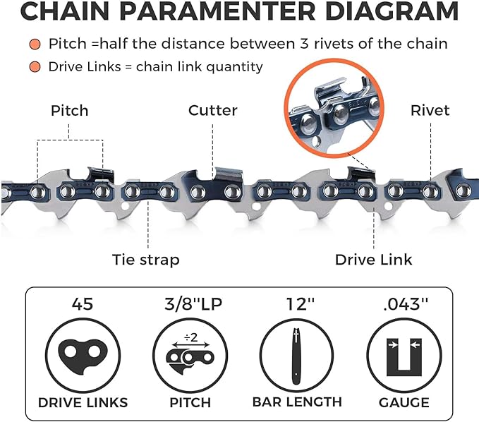 12 Inch Chainsaw Chain 45 Drive Links, 3/8" LP Pitch, 0.043" Gauge, Fit for Craftsman, Black+Decker, Ryobi, Husqvarna Chainsaws and More - DWO1DT612,R45 (90YNP-6)