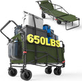 LEVELEVE Heavy Duty Folding Wagon - 2-in-1 Collapsible Cart, 650lb Capacity, All-Terrain Wheels w/Brakes & Side Pockets (Army Green)