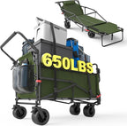 LEVELEVE Heavy Duty Folding Wagon - 2-in-1 Collapsible Cart, 650lb Capacity, All-Terrain Wheels w/Brakes & Side Pockets (Army Green)