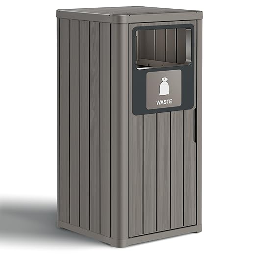 Outdoor Trash Can Waterproof Resin Garbage Can with Garbage Labels Outdoor Trash Bin for Patio, Garden,Kitchen